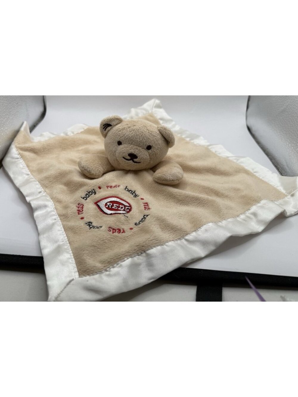 Cincinnati Reds Bear Lovey Beige Fleece Satin Security Blanket Baby Fanatic